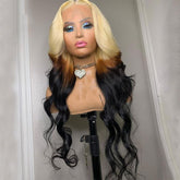 Ombre Blonde Human Hair Wig With Brown Black Underneath Wavy Lace Front Wig